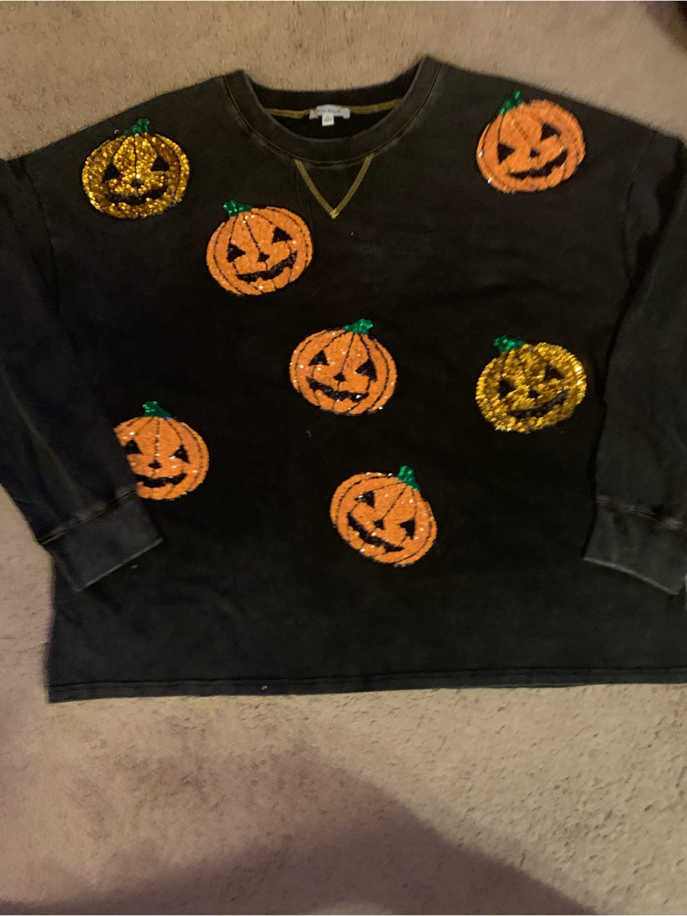 White Birch Black Crewneck Orange Sequin Pumpkin Appliqués
